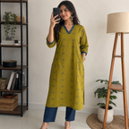 Anvita Olive Mustard Cotton Printed V-Neck Kurta