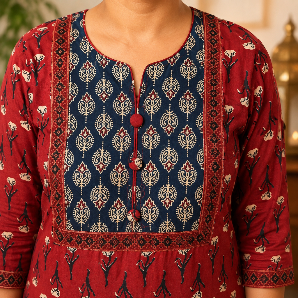 Revanta Red & Navy Printed Cotton Kurta Set with Black Dupatta