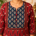 Revanta Red & Navy Printed Cotton Kurta Set with Black Dupatta