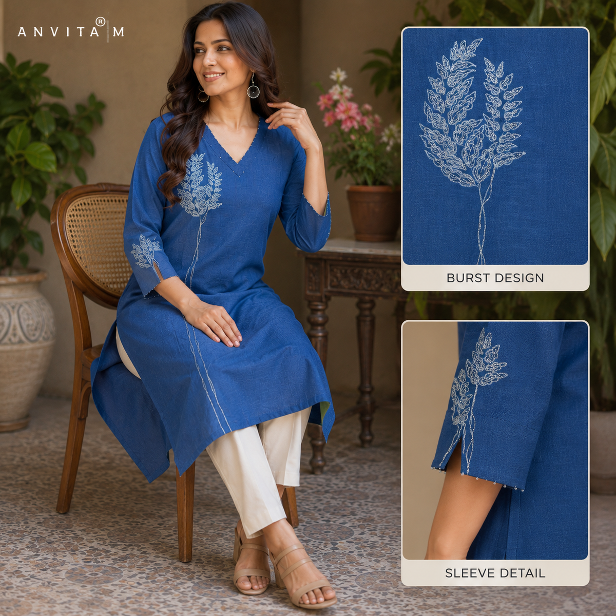 Anvita Royal Blue Cotton Kurti with Sequin-Accented V-Neck and Intricate Silver & Blue Embroidery