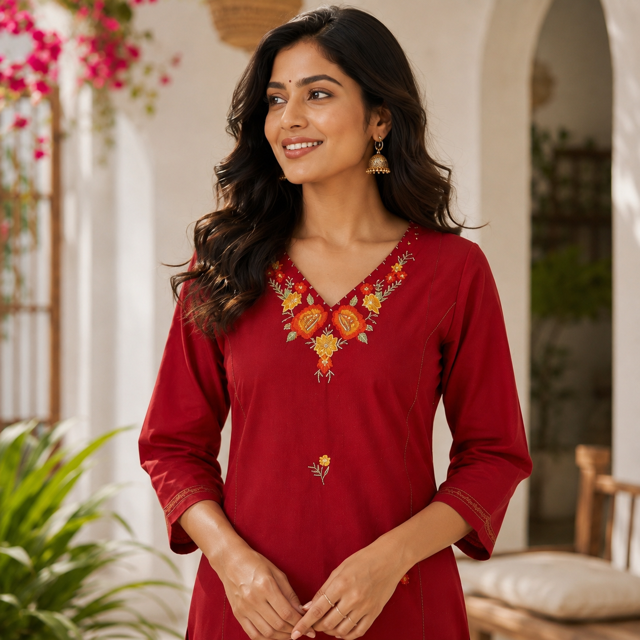 Anvita Crimson Red Cotton Embroidered Co-ord Set