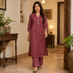 Anvita Maroon Kurta Pant Set with Embroidered V-Neck & Striped Pants