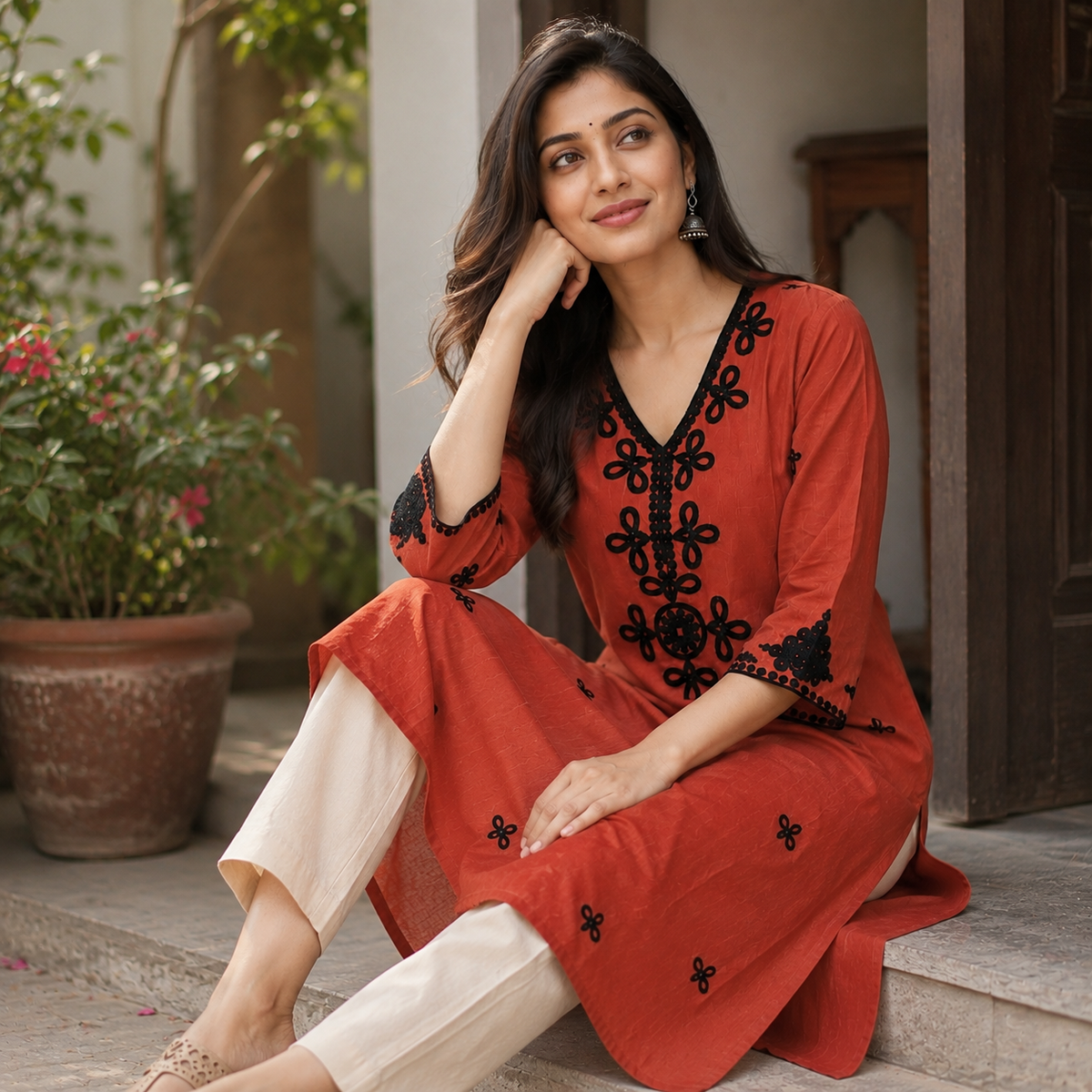 Revanta  Rust Orange Cotton Black Floral Embroidered V-Neck Straight Kurta