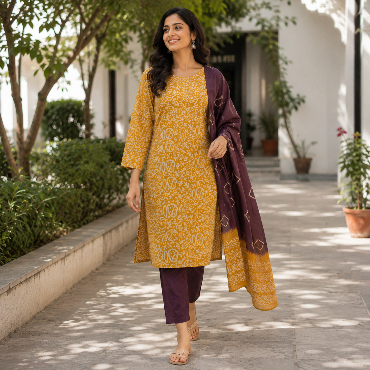 Revanta Mango Yellow Printed 3-Piece Suit – Contrasting Maroon Pants & Patterned Dupatta