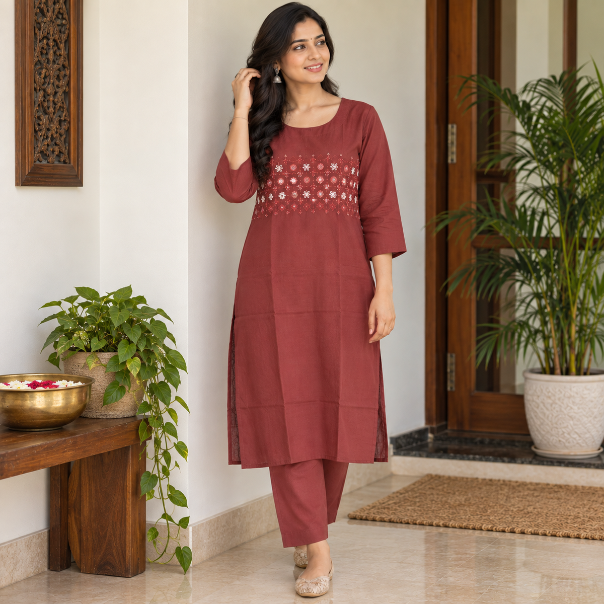 Revanta Maroon Cotton Co-Ord Set with Hand Embroidery & Mirror Work
