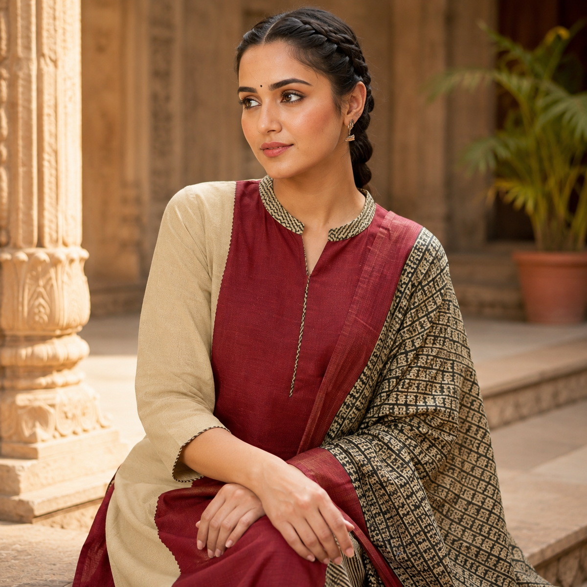 Revanta Beige & Maroon Colour-Block Cotton Kurta Set with Printed Dupatta