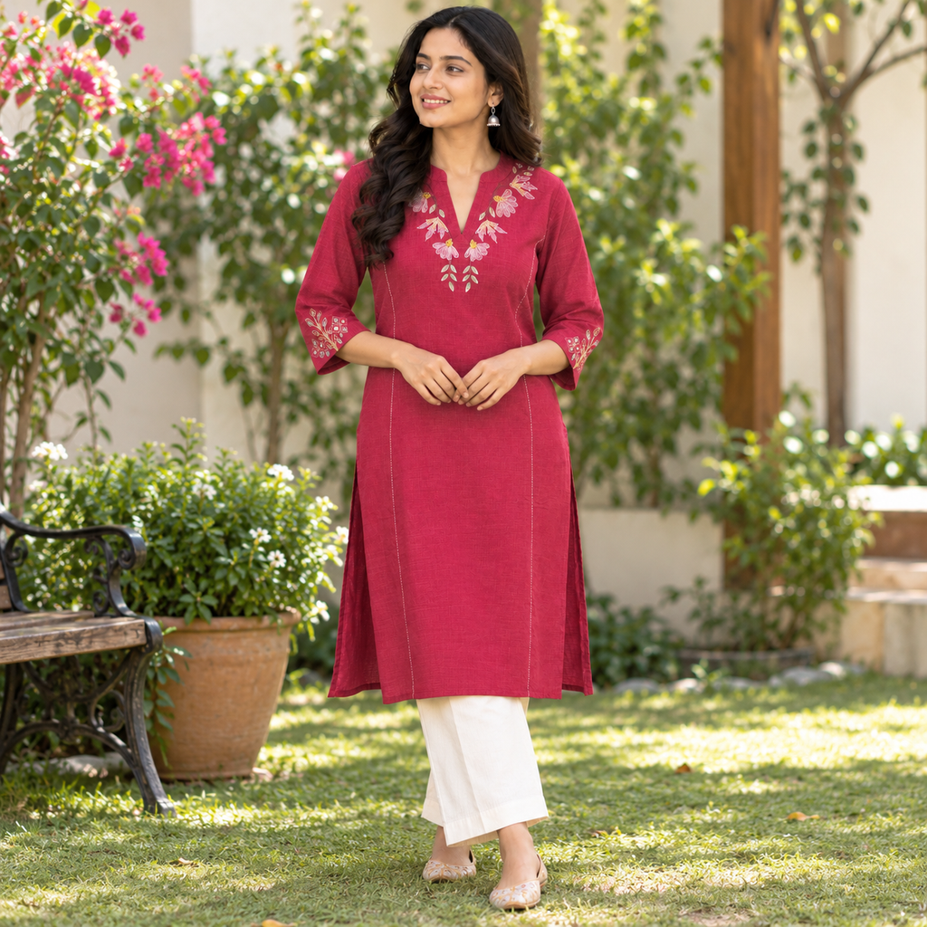 Anvita Maroon Cotton Kurta  | Floral Embroidery & Glass Work Sleeves