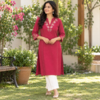 Anvita Maroon Cotton Kurta  | Floral Embroidery & Glass Work Sleeves