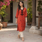 Revanta  Rust Orange Cotton Black Floral Embroidered V-Neck Straight Kurta