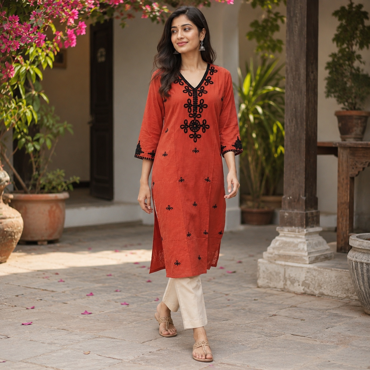 Revanta  Rust Orange Cotton Black Floral Embroidered V-Neck Straight Kurta