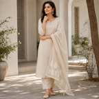 Revanta Ivory Textured Kurta Pant Set with Motif Dupatta- Silk Blend