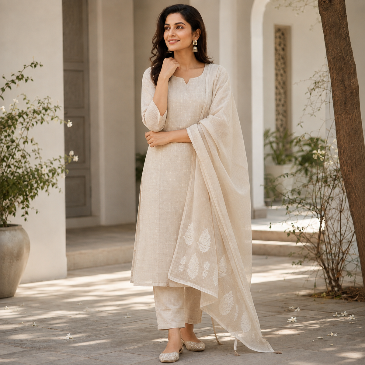 Revanta Ivory Textured Kurta Pant Set with Motif Dupatta- Silk Blend