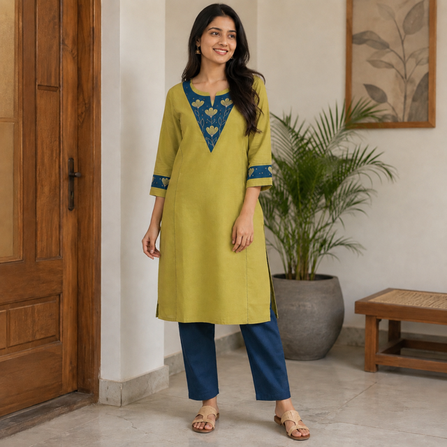 Anvita Olive Green Aline Cotton Kurta with Applique Embroidery