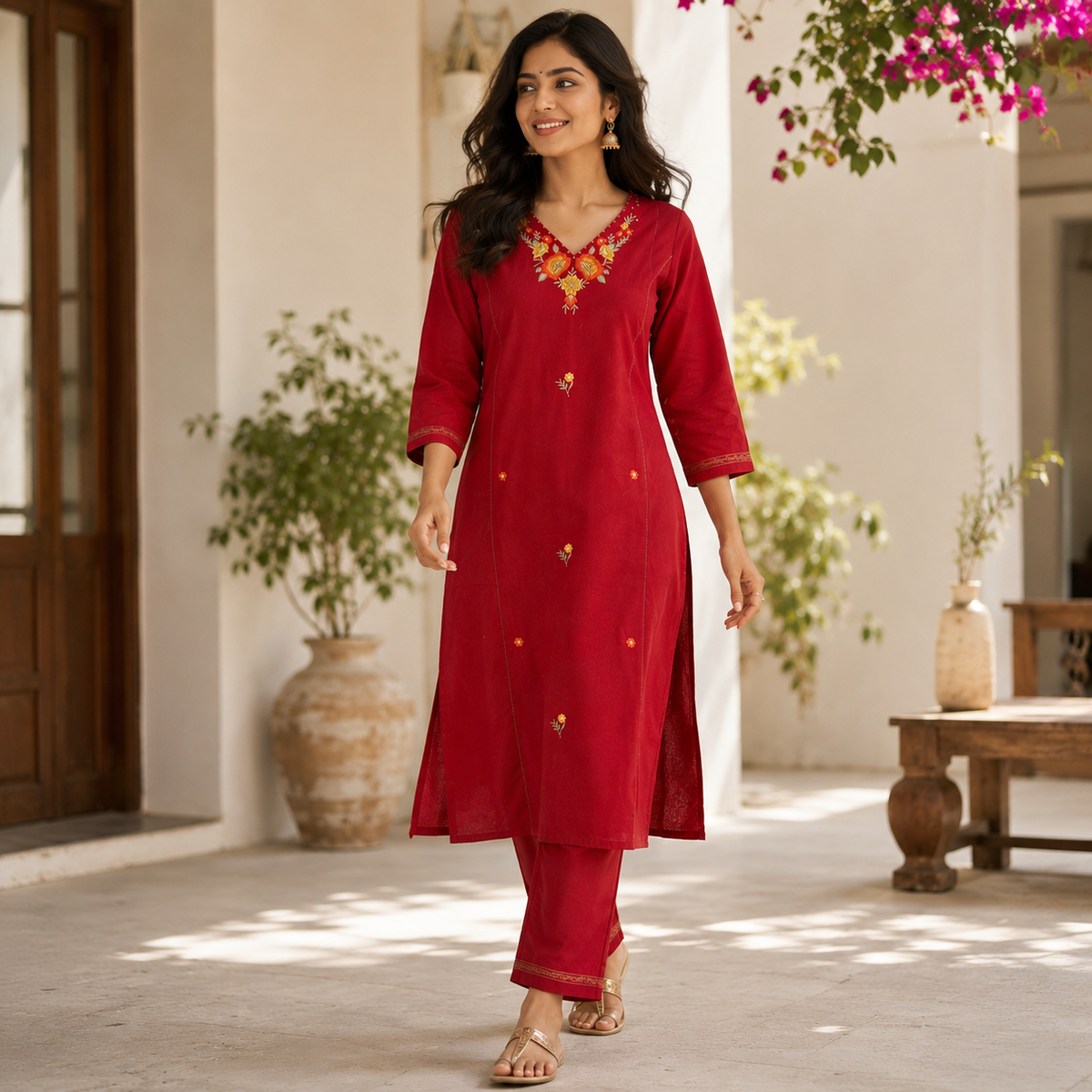 Anvita Crimson Red Cotton Embroidered Co-ord Set