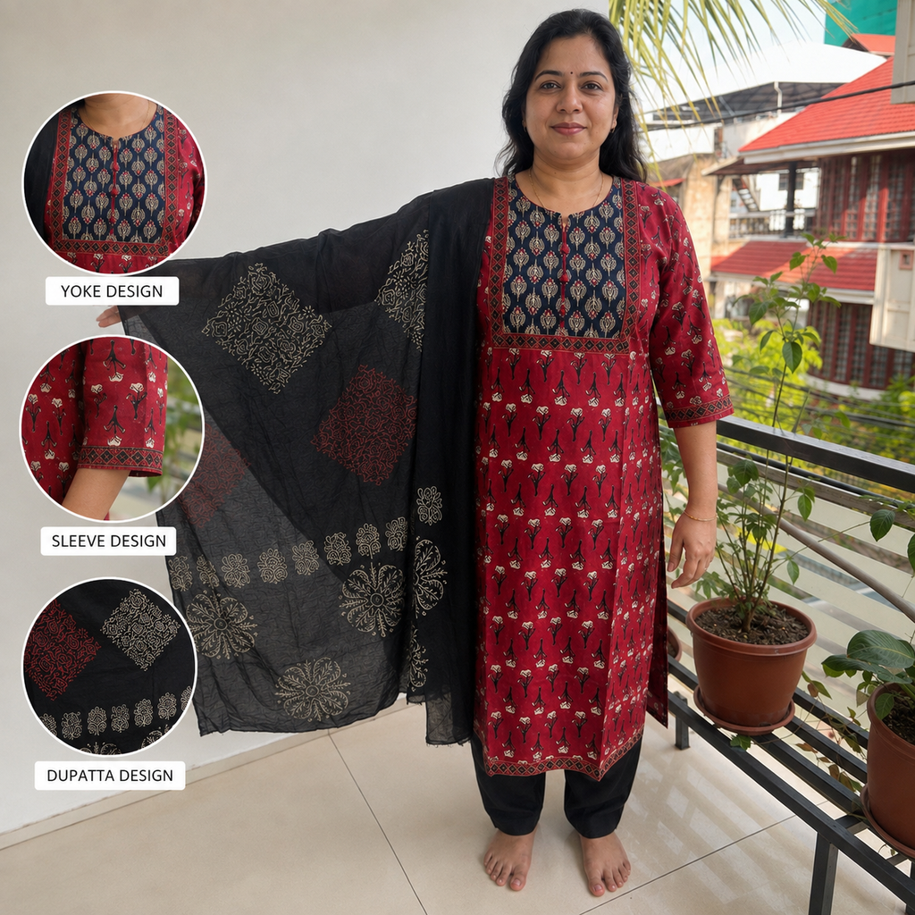 Revanta Red & Navy Printed Cotton Kurta Set with Black Dupatta