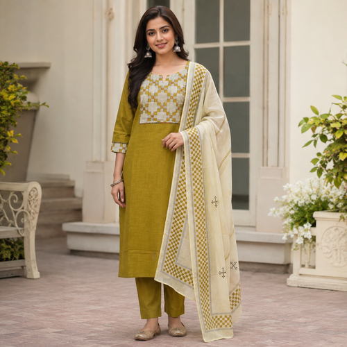 Anvita (Anaya) Mustard Olive Kurta Pant Set with Geometric Yoke and Cream Dupatta