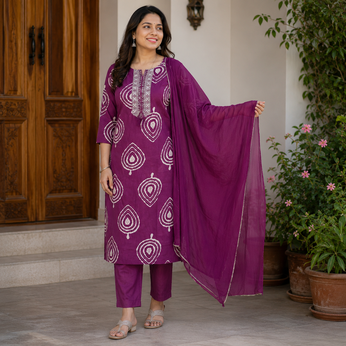 Revanta Wine Red Rayon Printed Kurta Pant Set with Embroidered Mirror Work Yoke & Chiffon Dupatta