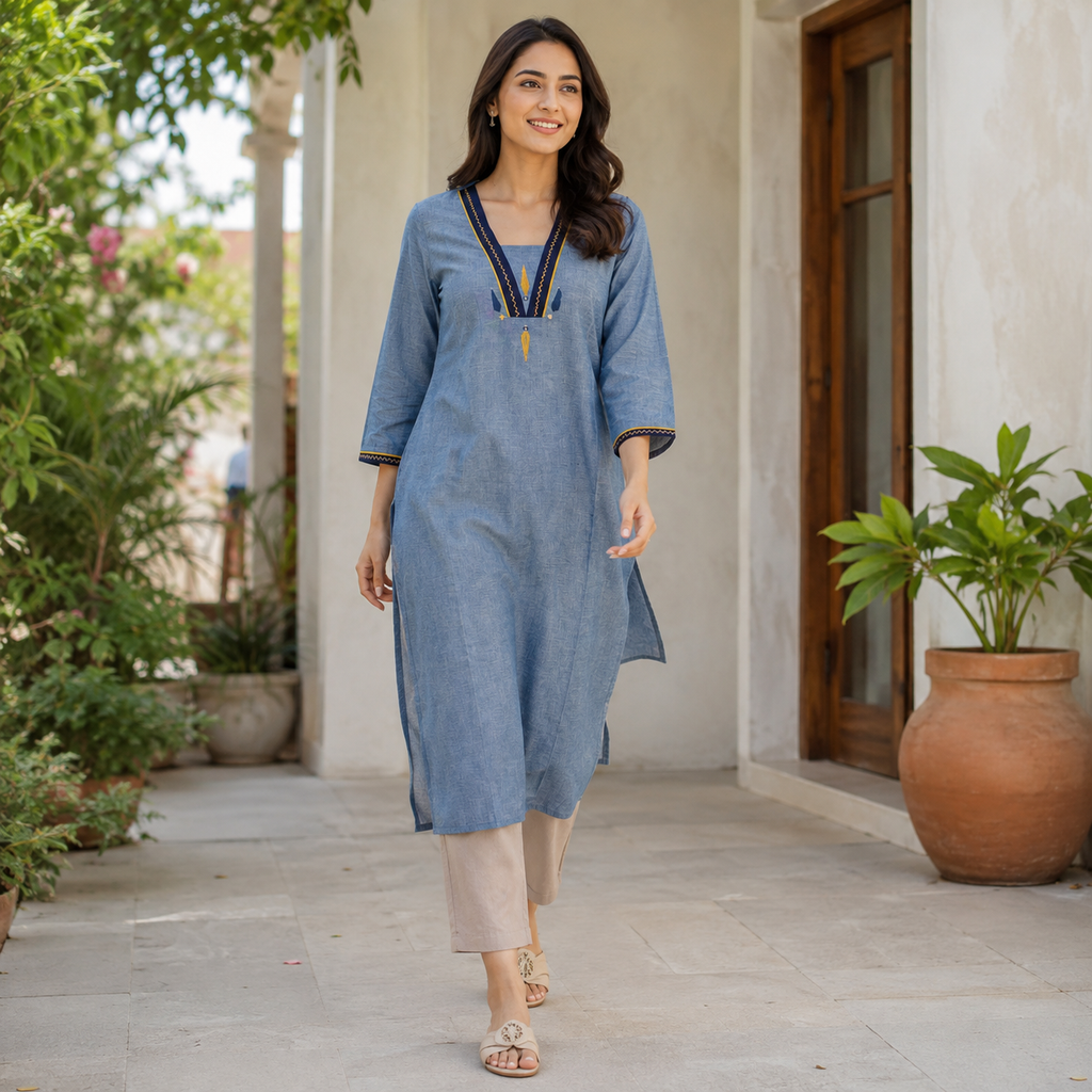 Anvita Blue Cotton V-Neck Straight Kurti