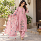 Revanta Dusty Pink Printed 3-Piece Suit with Floral Applique Hem and Matching Dupatta