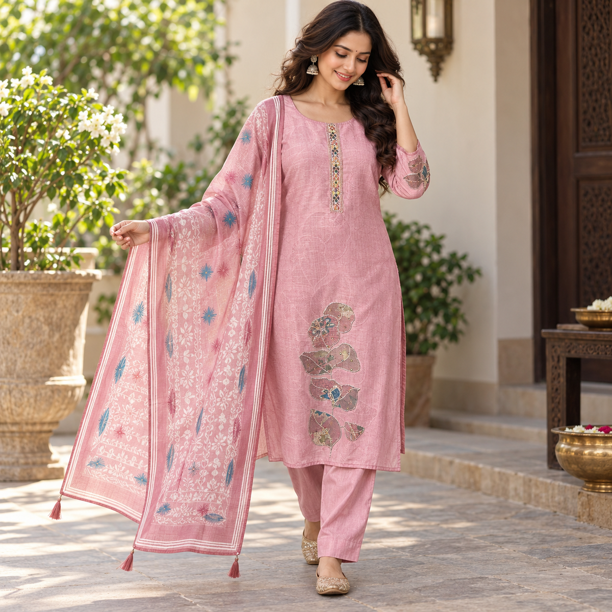 Revanta Dusty Pink Printed 3-Piece Suit with Floral Applique Hem and Matching Dupatta