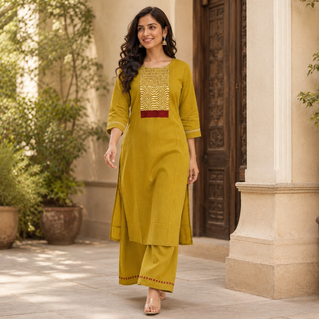Anvita Mustard Yellow Cotton Kurta and Palazzo Set with Yoke Detail