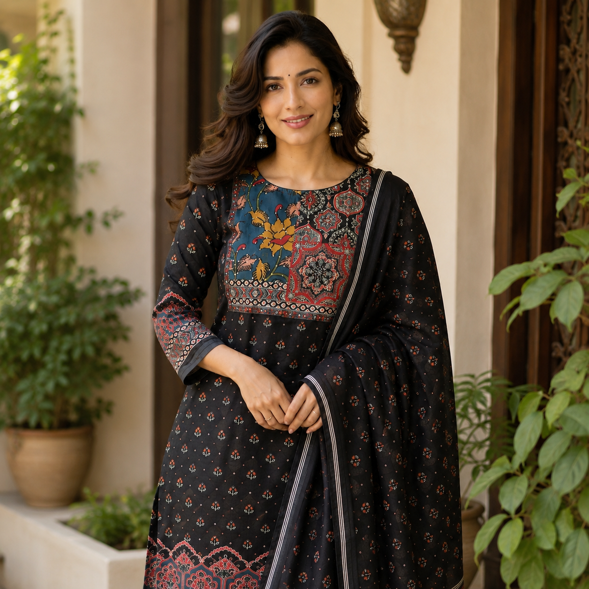 Revanta Women's Navy Blue Pakistani Style 3-Piece Cotton Suit Set with Printed Dupatta