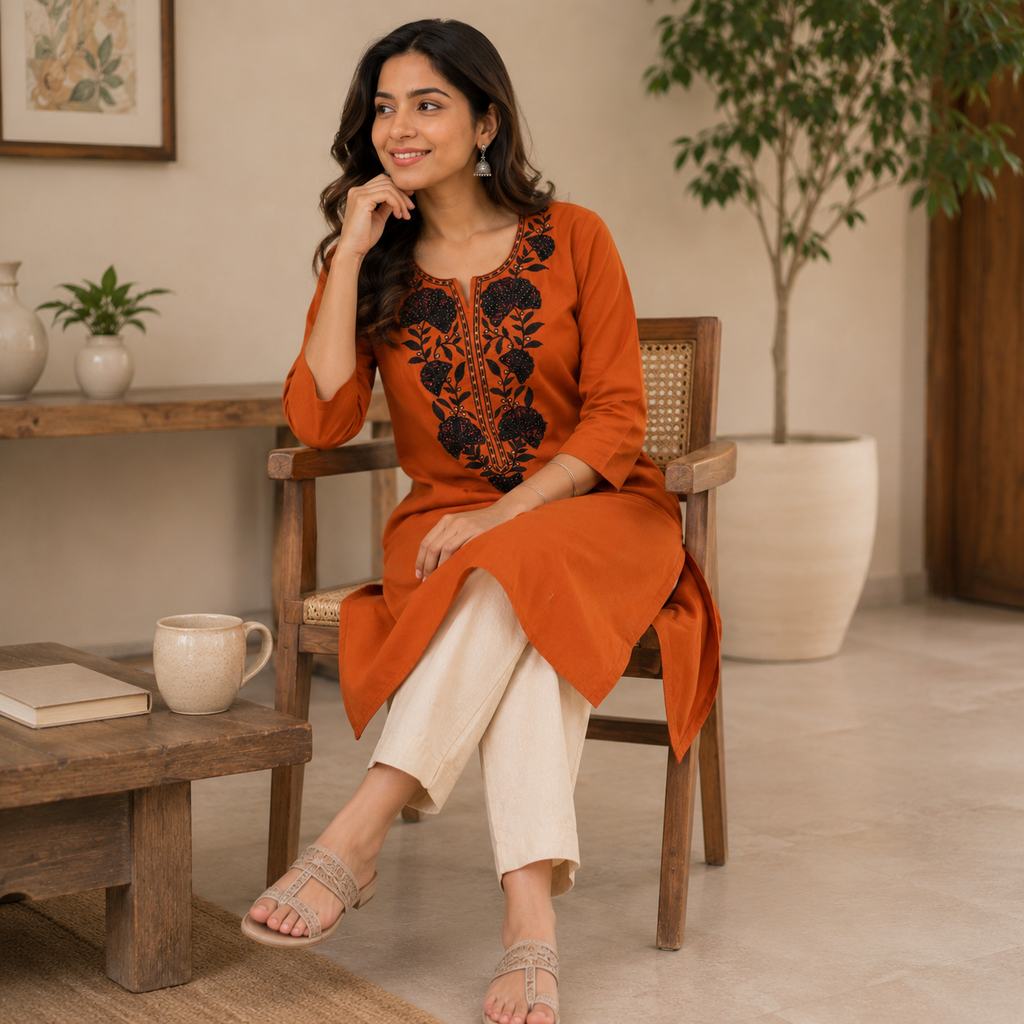 Revanta Rust Orange Embroidered Cotton Kurta