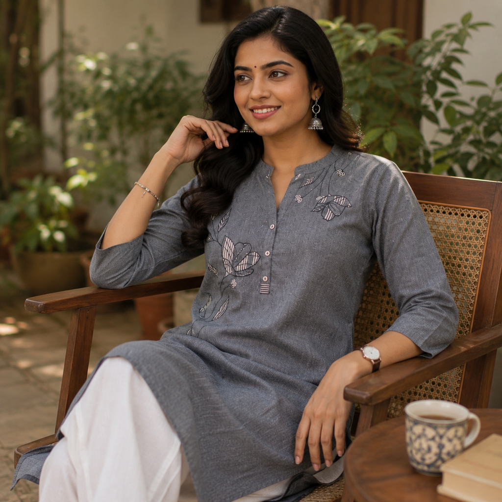 Anvita Grey Cotton A-Line Kurta featuring Chinese Collar & Elegant Embroidery