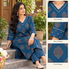 Anvita Blue Printed Cotton Kurta Pant Set with Contrast Border & Flared Sleeves