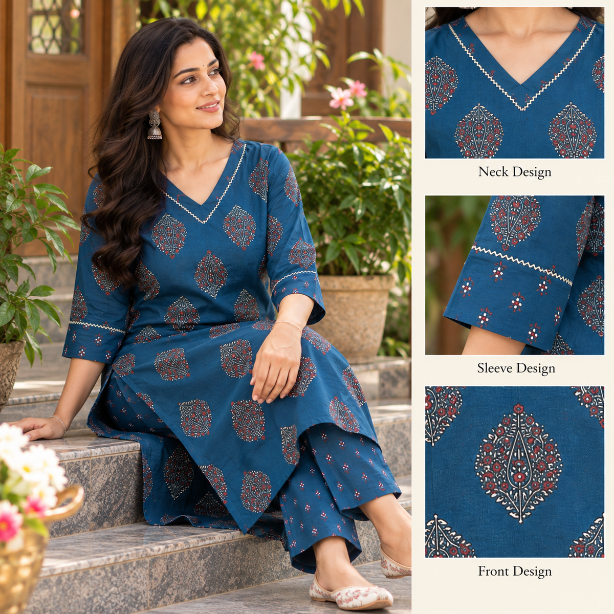 Anvita Blue Printed Cotton Kurta Pant Set with Contrast Border & Flared Sleeves