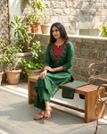 Green Cotton Kurta Palazzo Set with Dupatta – Contrast Yoke & Digital Print