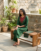 Green Cotton Kurta Palazzo Set with Dupatta – Contrast Yoke & Digital Print