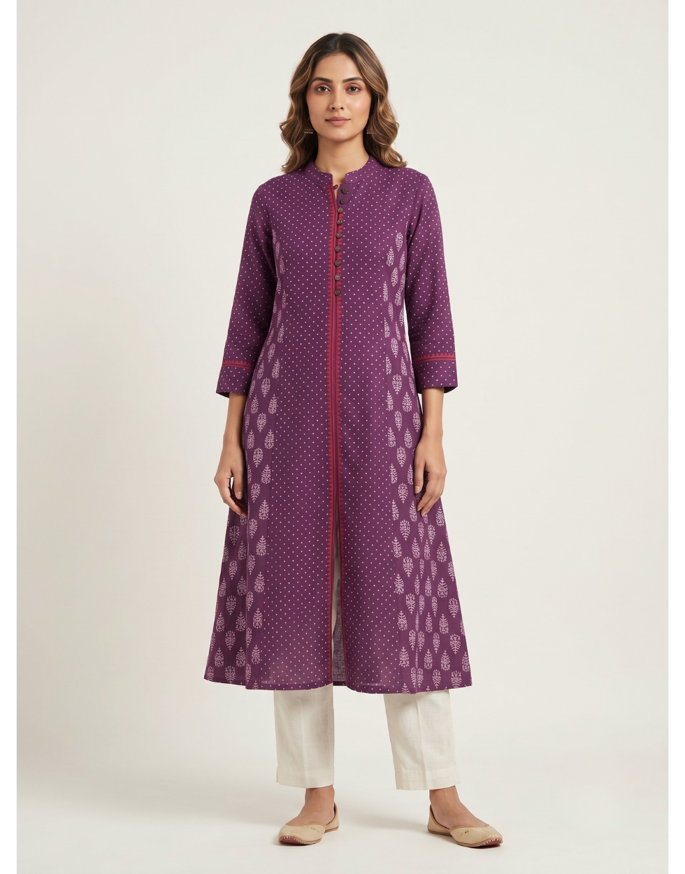 Anvita Purple Cotton Slub Kurta – Elegant Printed Yoke & Sleeve Detail – Chic Festive Wear