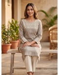 Anvita Ash Cotton Slub Kurta – Embroidered Yoke & Delicate Diamond Motif – Minimalist Chic