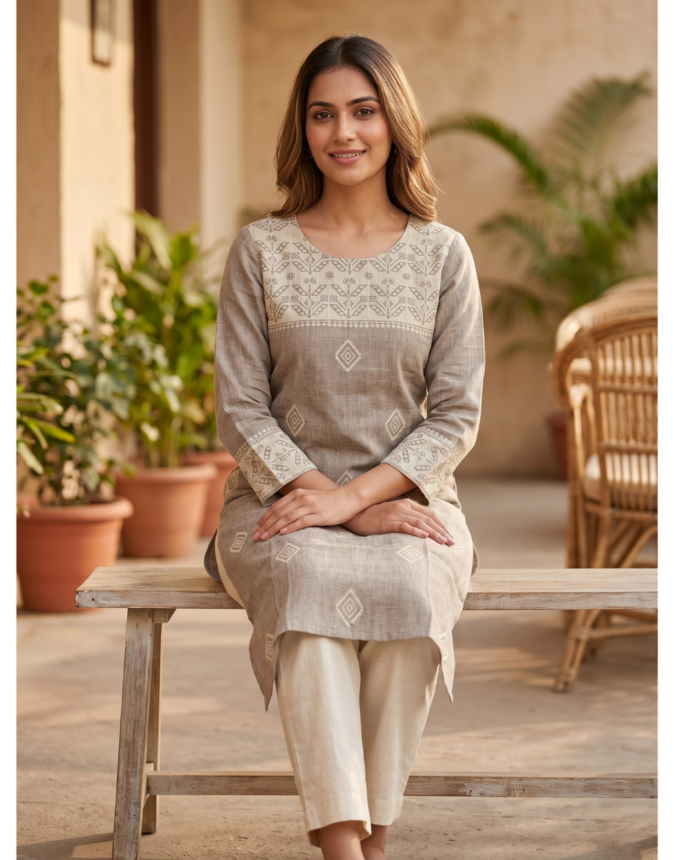 Anvita Ash Cotton Slub Kurta – Embroidered Yoke & Delicate Diamond Motif – Minimalist Chic