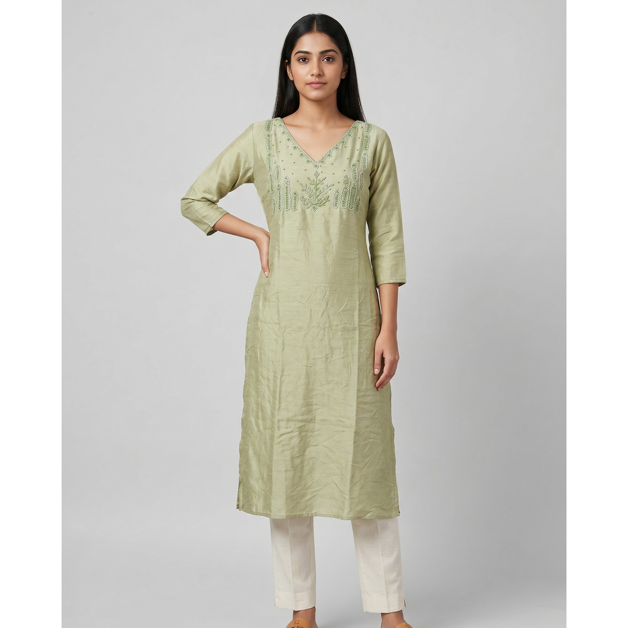 Women’s A-Line Kurti in Crushed Nylon with Bead Handwork and Lining