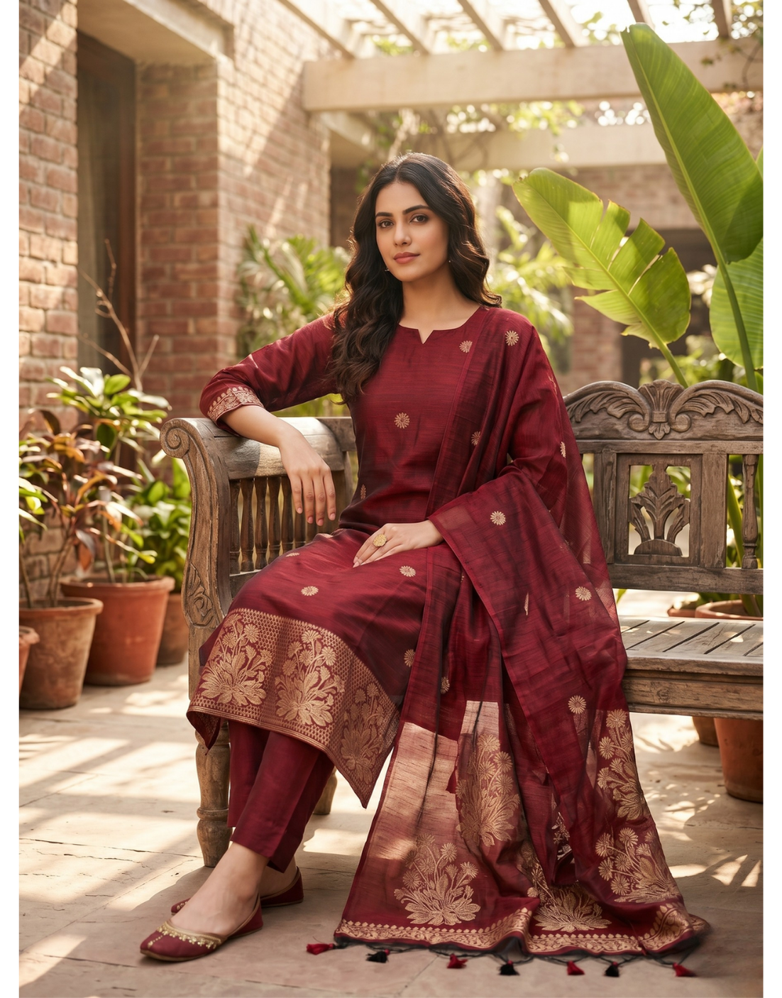 Revanta Maroon Jamdhani Cotton Kurta Set – Elegant Heritage Suit with Dupatta