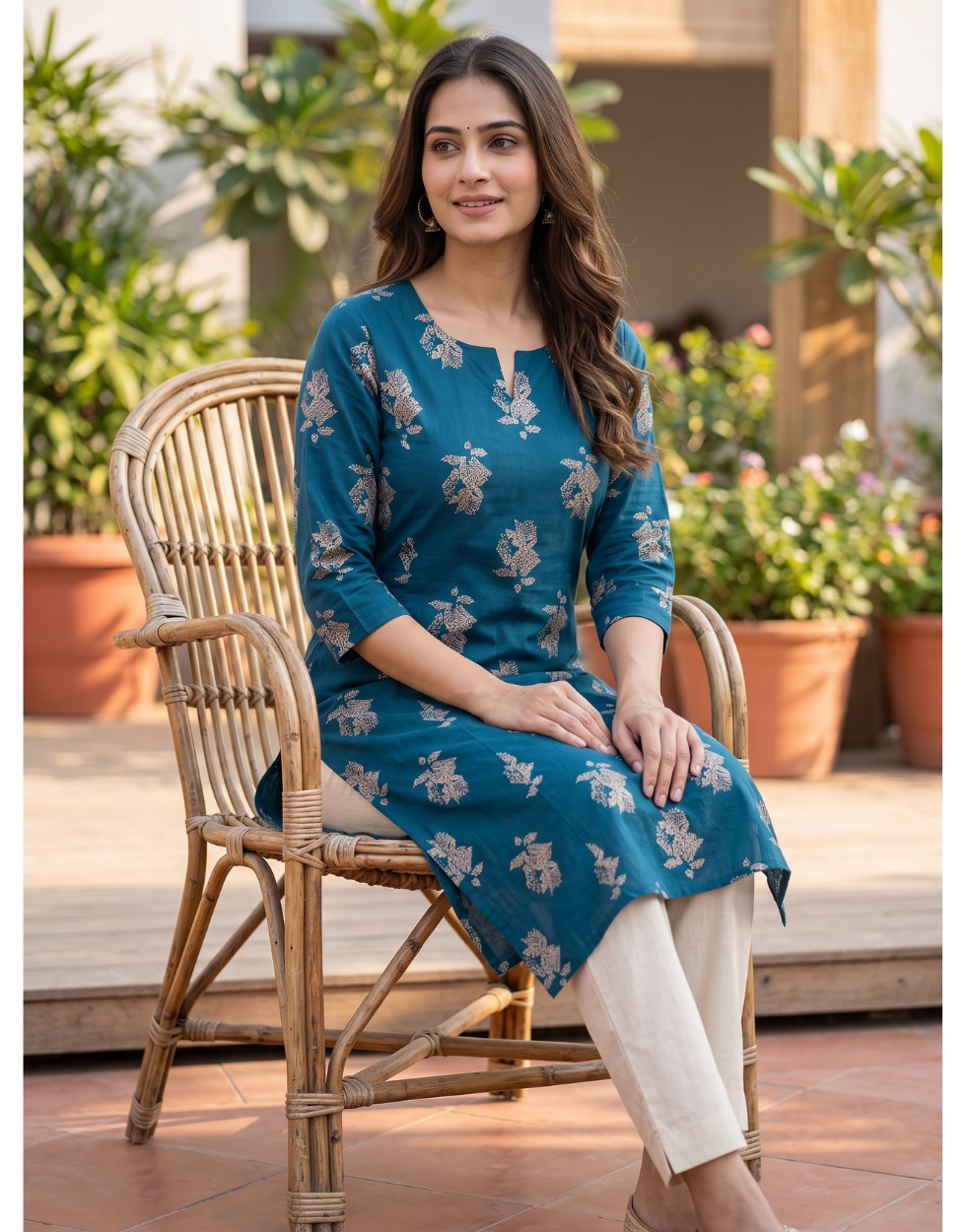 Anvita Teal Printed Cotton Kurta – Floral Motif Design – Elegant Everyday Ethnic Wear