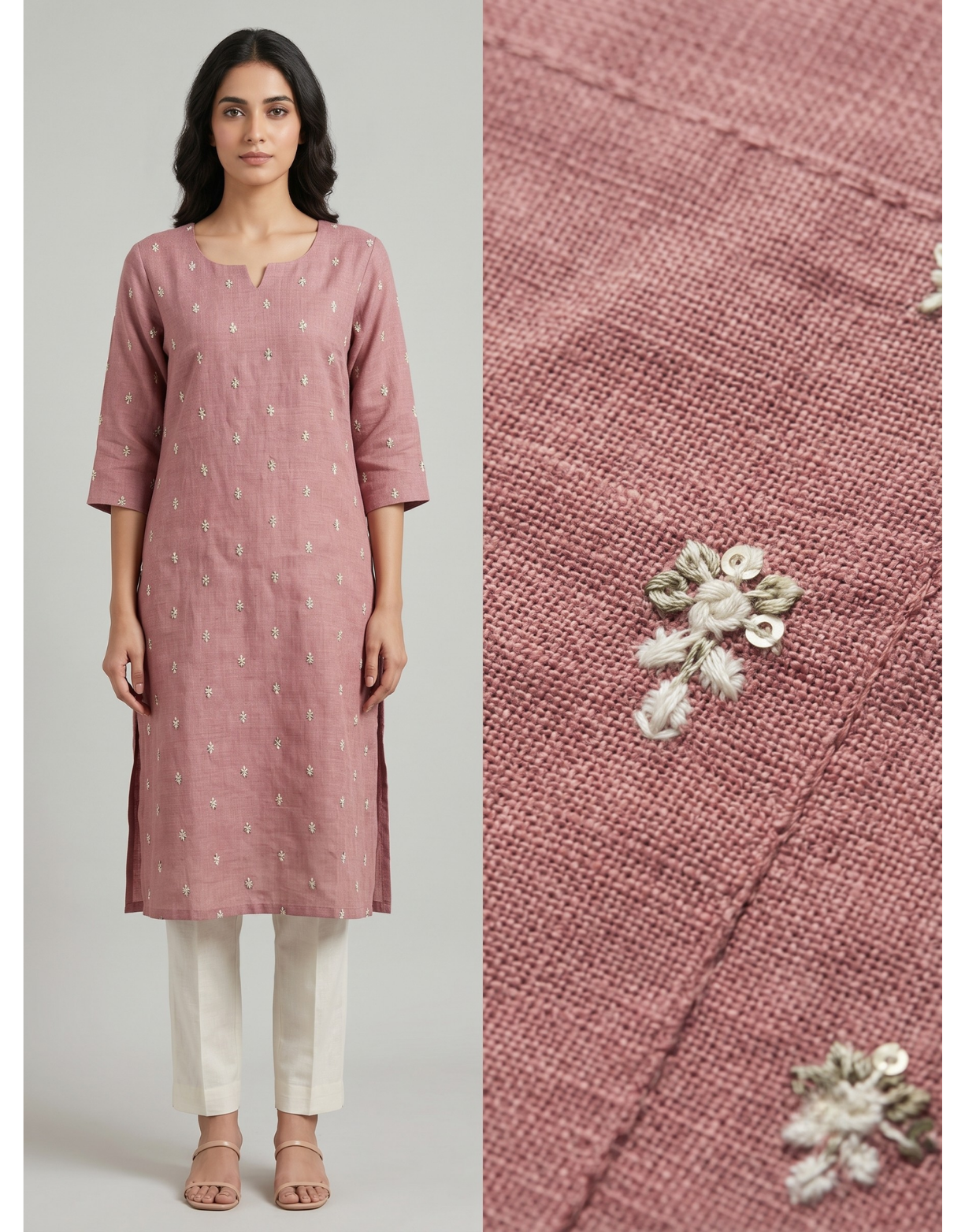 Mauve Semi-Jute Straight Kurta – Delicate Scattered Embroidery Daily Wear