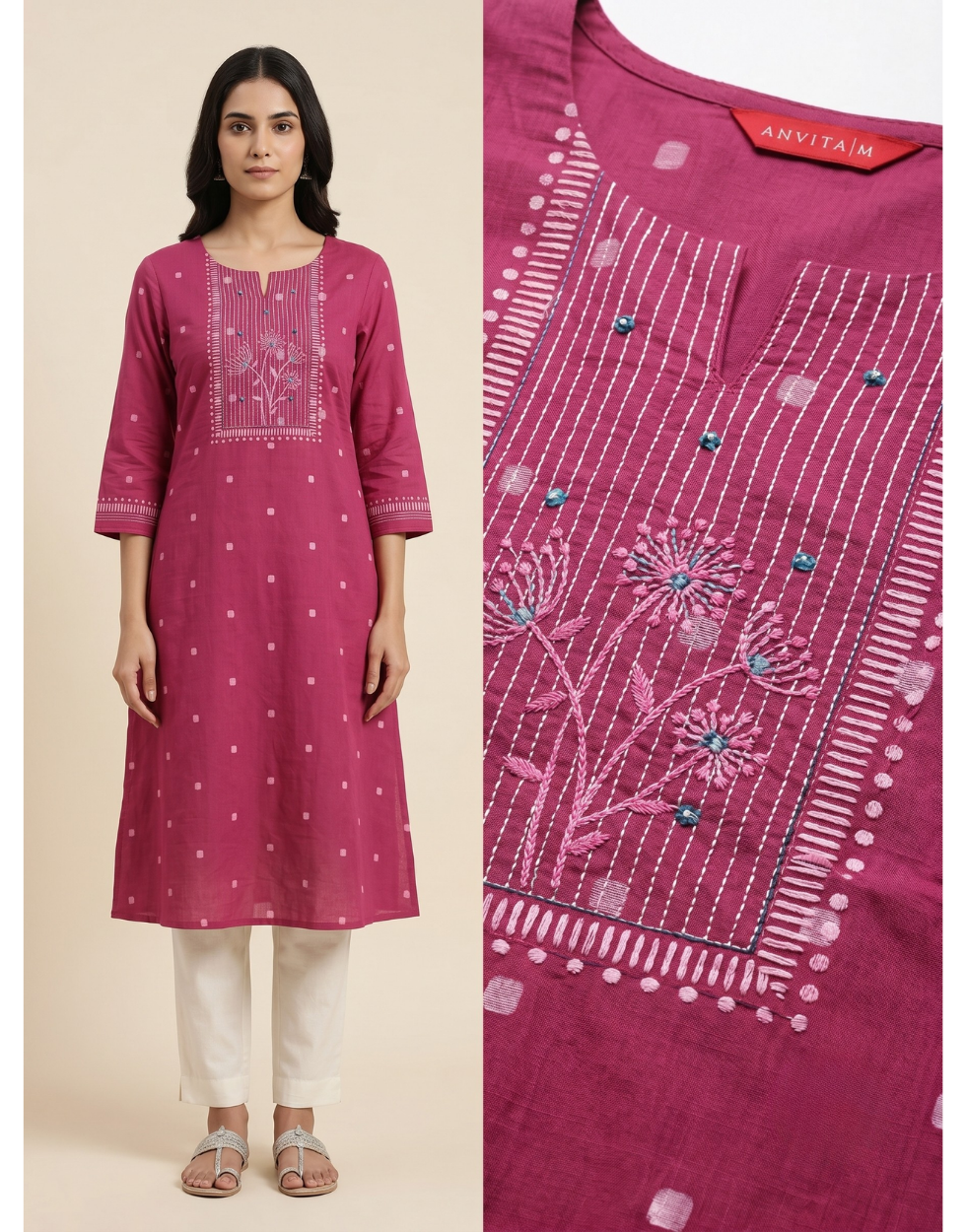 Anvita Dark Pink Cotton Slub Kurta – Elegant Printed Yoke & Delicate Butti Motifs