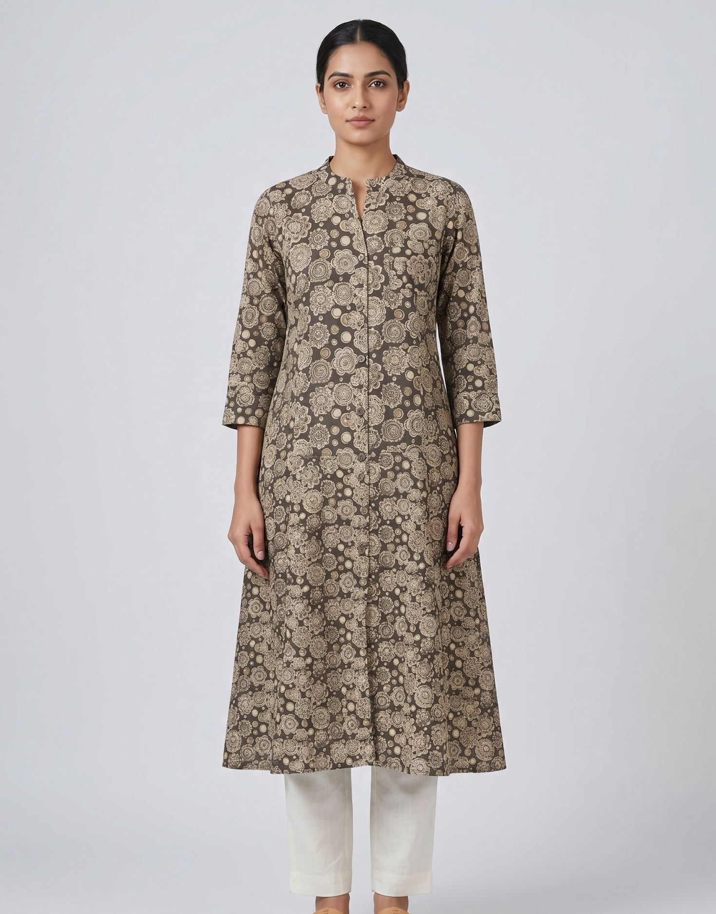 Anvita Brown Floral Print A-Line Kurta – Elegant Mandarin Collar Ethnic Daily Wear