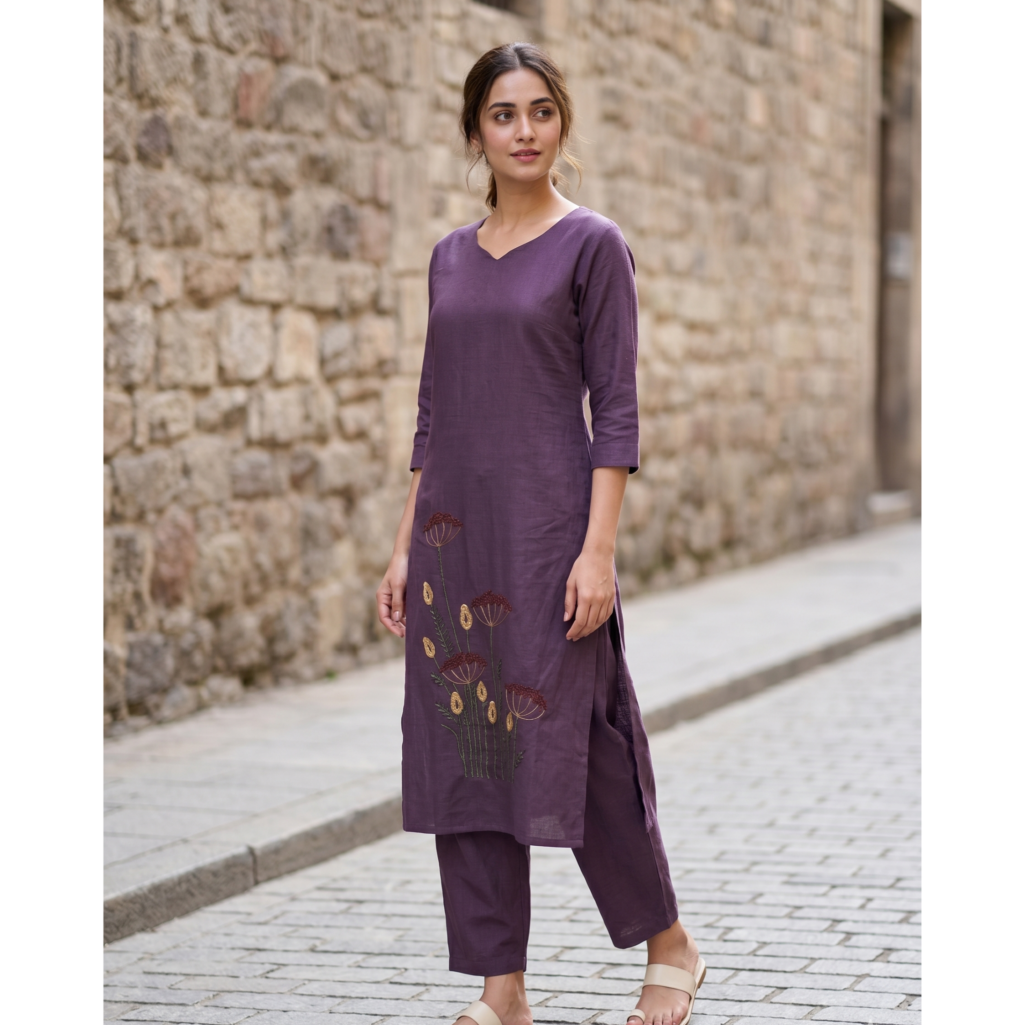 Women's A-Line Kurta Set with Inner Lining – Crushed Nylon Beadwork in Grape Purple & Light Blue