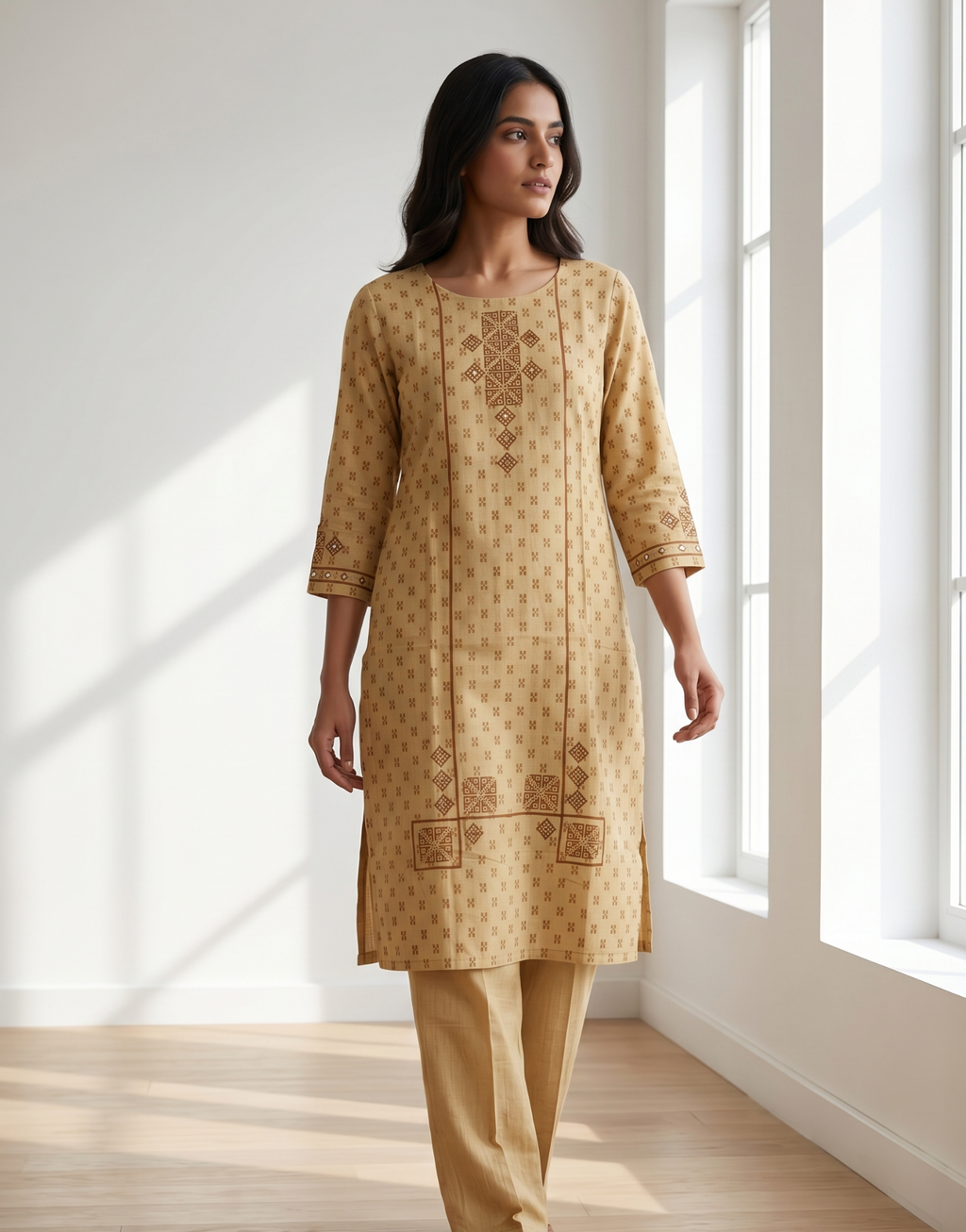 Anvita Mustard Yellow Pure Cotton Co-ord Set – Geometric Print Straight Kurta with Trousers