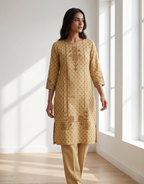 Anvita Mustard Yellow Pure Cotton Co-ord Set – Geometric Print Straight Kurta with Trousers