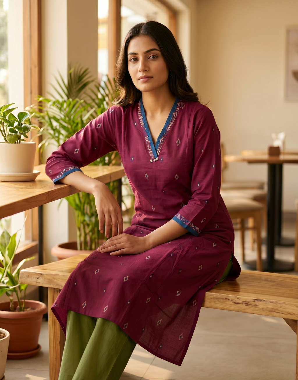 Anvita Deep Maroon Pure Cotton Kurta – Elegant Geometric Motif & V-Neckline