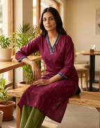 Anvita Deep Maroon Pure Cotton Kurta – Elegant Geometric Motif & V-Neckline