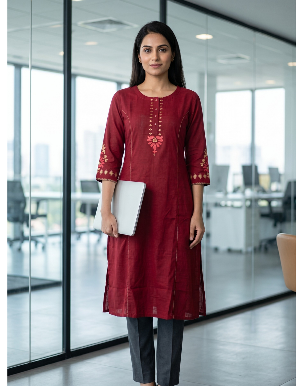 Anvita Ruby Red Pure Cotton Straight Kurta – Minimalist Embroidered Yoke & 3/4 Sleeves