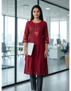 Anvita Ruby Red Pure Cotton Straight Kurta – Minimalist Embroidered Yoke & 3/4 Sleeves