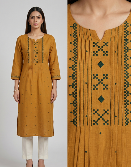 Anvita Mustard Yellow Pure Cotton Kurta – Embroidered Yoke & Subtle Motif Detailing