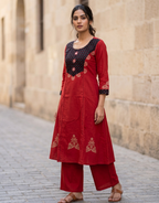 Crimson Red Cotton Straight Kurta Palazzo Set – Contrast Yoke & Mirror-Work Digital Print